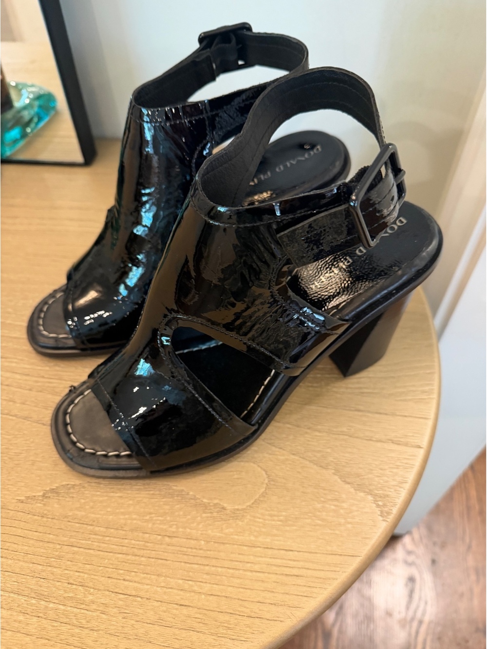 Donald J Pliner Black Patent Leather sz 10  Open Toe Heels with Buckle Strap